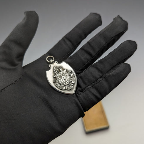 1928 British Vintage Sterling Silver Shield Fob in Fattorini & Sons Case